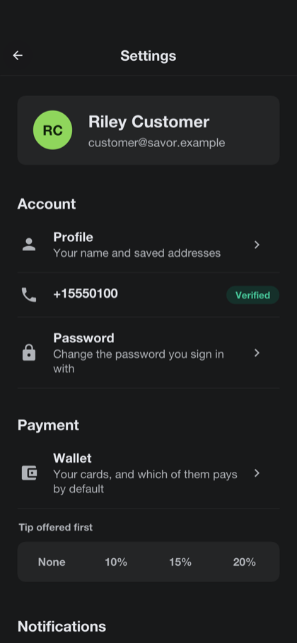 The settings screen in the dark theme
